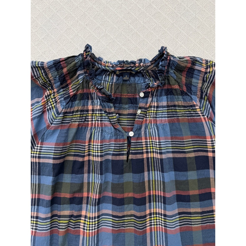 Brooks Brothers Plaid 100% Cotton Smocked Ruffle Blouse Lightweight Womens Small - Picture 2 of 7